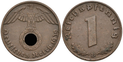 Германия 1 рейхспфенниг 1939 B KM 89, J 361 бронза 4392-938