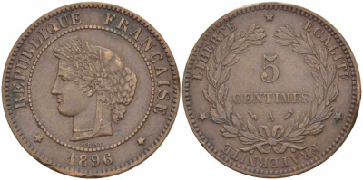 ФРАНЦИЯ 5 САНТИМОВ 1896 A, ТРЕТЬЯ РЕСПУБЛИКА (1871-1940) KM 821.1, LE FRANC 118.38 бронза 108-744