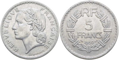 ФРАНЦИЯ 5 ФРАНКОВ 1950 KM 888b.1, LE FRANC 339.20 алюминий 111-1132