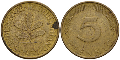 ФРГ 5 пфеннигов 1971 G J.382, KM 107 сталь плакированная латунью    4598-951