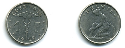 БЕЛЬГИЯ 1 ФРАНК 1922 BELGIE KM 90 никель 41-733