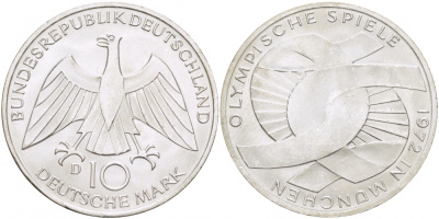 ФРГ 10 марок 1972 D, XX летние Олимпийские игры 1972 года в Мюнхене, символика KM 131, J.402 серебро UNC 4127-112