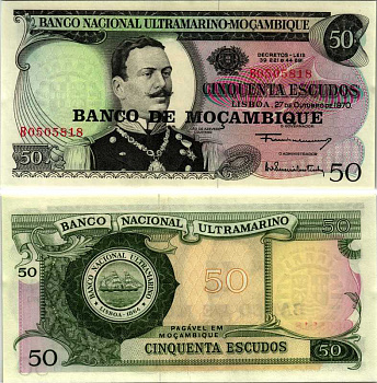 Мозамбик 50 эскудо 1970 (1976) надпечатка на 1970, Жоао де Азеведо Коутиньо Pick 116 aбумага UNC (пресс) 7116-48-3-2
