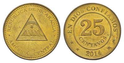 Никарагуа 25 сентаво 2014 KM 104 сталь плакированная латунью UNC 4641-317