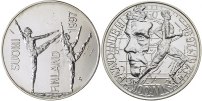 Финляндия 100 марок 1997 Стадион Пааво в Турку, гимнастика KM 84 серебро UNC 01-148-22