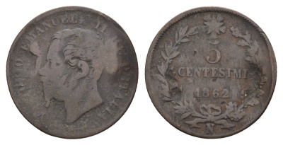 Италия 5 чентезимо 1862 N, Виктор Эммануил II (1861-1878) KM 3 медь 4700-1224