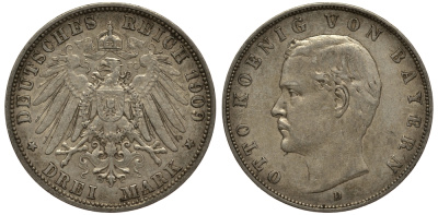 Бавария 3 марки 1909 Отто (1886-1913) Weege 45, J. 47, KM 515 серебро 3711-1921