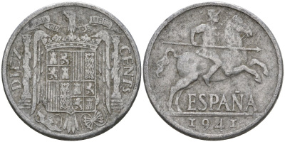 Испания 10 сентимо 1941 Франсиско Франко (1939-1975) KM 766 алюминий 4604-516