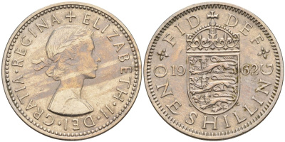 Великобритания 1 шиллинг 1962 Елизавета II (1952-2022), Английский герб KM 904, Spink 4147 медно-никель 4153-922