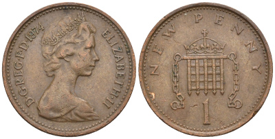 Великобритания 1 пенни 1974 Елизавета II (1952-2022) KM 915, Spink 4237 (B1) бронза 4609-468