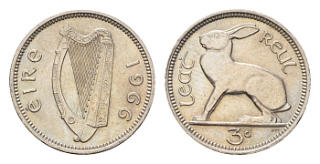Ирландия 3 пенса 1966 заяц KM 12a медно-никель aUNC 4696-465