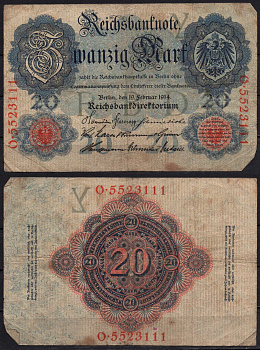 Германия 20 марок 1914 Pick 46b бумага 8592-45-2-1