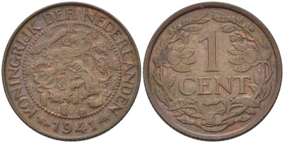 НИДЕРЛАНДЫ 1 ЦЕНТ 1941 ВИЛЬГЕЛЬМИНА (1890-1948) KM 152 бронза 39-117