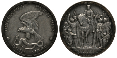 Пруссия 3 марки 1913 Вильгельм II (1888-1918), 100 лет победы над Наполеоном KM 534, J. 110 серебро 3711-1312