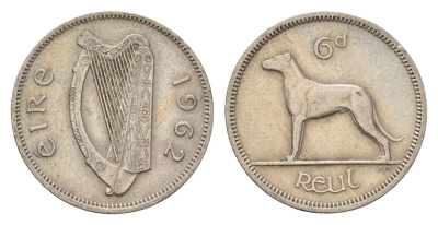 Ирландия 6 пенсов 1962 собака, ирландский волкодав KM 13a медно-никель 4690-337