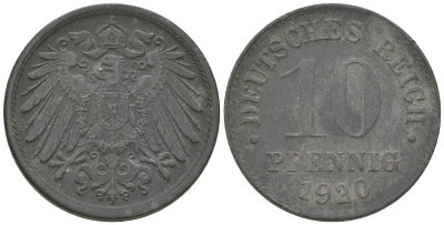 Германия 10 пфеннигов 1920 KM 26, J. 299, Weege 8 цинк 4589-413
