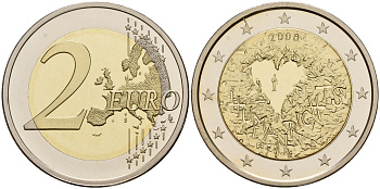 Финляндия 2 евро 2008 Декларация прав человека, в оригинальной коробке, с сертификатом, тираж 22500 экз. KM  биметалл  PROOF  4-3-4-44