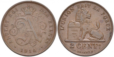 БЕЛЬГИЯ 2 САНТИМА 1914 BELGES KM 64 медь 110-214