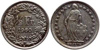 Швейцария 1/2 франка 1960 В KM 23 серебро 633-1011