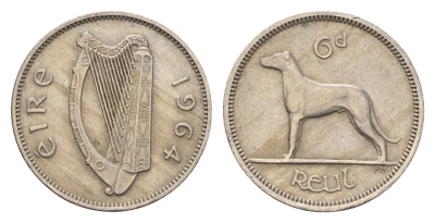 Ирландия 6 пенсов 1964 собака, ирландский волкодав KM 13a медно-никель 4687-936