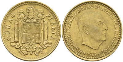 Испания 1 песета 1966 (67) Франсиско Франко (1939-1975) KM 796 алюминиевая бронза    4161-853