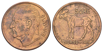 Норвегия 5 эре 1971 Улаф V (1957-1991) KM 405 бронза 4700-745