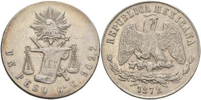 Мексика 1 песо 1872 Ga KM 408.3 серебро 00-000-00