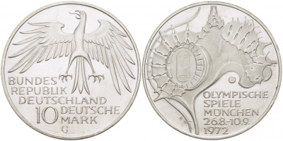ФРГ 10 МАРОК 1972 G, ОЛИМПИАДА, СТАДИОН KM 133, J.404 серебро UNC 4127-125