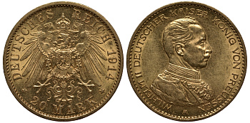 Пруссия 20 марок 1914 Вильгельм II, мундир J. 253, KM 537 золото 00-000-00