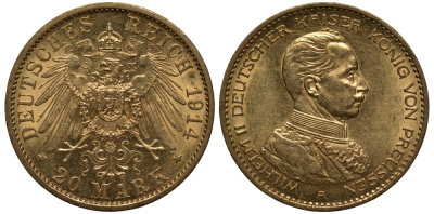 Пруссия 20 марок 1914 Вильгельм II, мундир J. 253, KM 537 золото 00-000-00