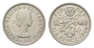 Великобритания 6 пенсов 1964 Елизавета II (1952-2022) KM 903, Spink 4149 медно-никель 4651-1232