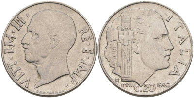 ИТАЛИЯ 20 ЧЕНТЕЗИМО 1940 R, ГОД XVIII, ВИКТОР ЭММАНУИЛ III (1900-1946), СЛАБО МАГНИТНАЯ, ГУРТ РИФЛЁНЫЙ KM 75d, VEM3. 1026a) нержавеющая сталь 3853-532