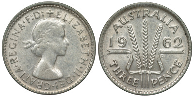 Австралия 3 пенса 1962 m, Елизавета II (1952-2022) KM 57 серебро 71-829