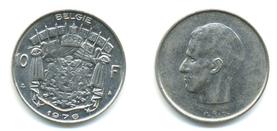Бельгия 10 франков 1976 Belgie, Бодуэн I (1951-1993) KM 156.1 никель 86-1356