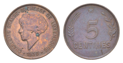 Люксембург 5 сантимов 1930 Шарлотта (1918-1964), год-тип KM 40 бронза 4705-553