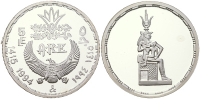 Египет 5 фунтов 1994 богиня Исида с ребенком KM 830 серебро  PROOF  11-319-13