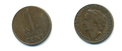 Нидерланды 1 цент 1948 Вильгельмина (1890-1948), год тип KM 175 бронза 80-947