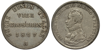 Пруссия 4 гроша 1817 A, ФРИДРИХ ВИЛЬГЕЛЬМ III (1797-1840) KM 394 серебро 00-00