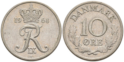 ДАНИЯ 10 ЭРЕ 1968 ФРИДЕРИК IX KM 849.1 медно-никель 4564-1226