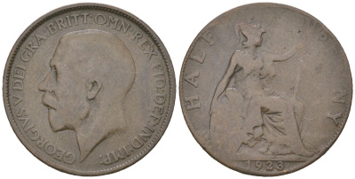 Великобритания 1/2 пенни 1923 Георг V (1910-1936) KM 809, Spink 4056 бронза 4616-742