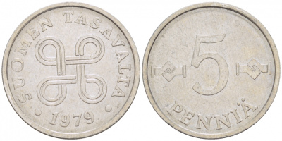 ФИНЛЯНДИЯ 5 ПЕННИ 1979 KM 45а алюминий 3718-124