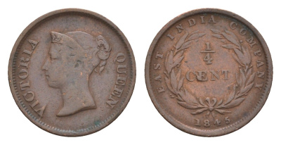 Стрейтс-Сетлментс (Стрейтс Сетлментс) 1/4 цента 1845 Виктория (1837-1901), год-тип KM 1 медь 5010-335