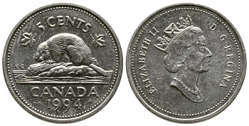 КАНАДА 5 ЦЕНТОВ 1994 ЕЛИЗАВЕТА II, БОБЕР KM 182 медно-никель 4364-2646