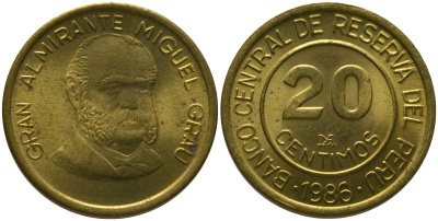 Перу 20 сентимо 1986 LIMA KM 294, Schon 95 латунь 4541-647