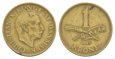 Дания 1 крона 1943 N, Кристиан X (1912-1947) KM 835 алюминиевая бронза 4638-651