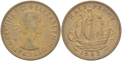 Великобритания 1/2 пенни 1962 Елизавета II (1952-2022) KM 896, Spink 4158 бронза 4544-127