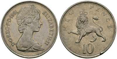 Великобритания 10 пенсов 1981 Елизавета II (1952-2022) KM 912, Spink 4231 (F1) медно-никель 4384-924