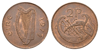Ирландия 2 пенса 1978 Виньетка в виде стилизованной птицы из второй библии Карла II Лысого KM 21 бронза aUNC 4582-1153