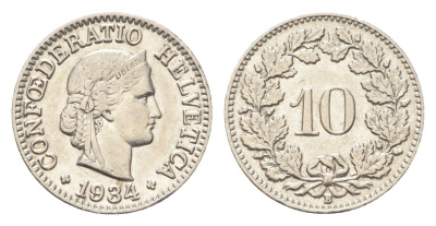 Швейцария 10 раппенов 1934 B KM 27b никель 4708-149
