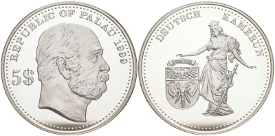 Палау 5 долларов 1999 немецкие колонии, Камерун KM 19 серебро PROOF 02-263-15